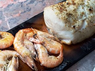 Wood Fired Planked Hake & Prawns with Fire Roasted Salsa
