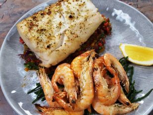 Wood Fired Planked Hake & Prawns with Fire Roasted Salsa